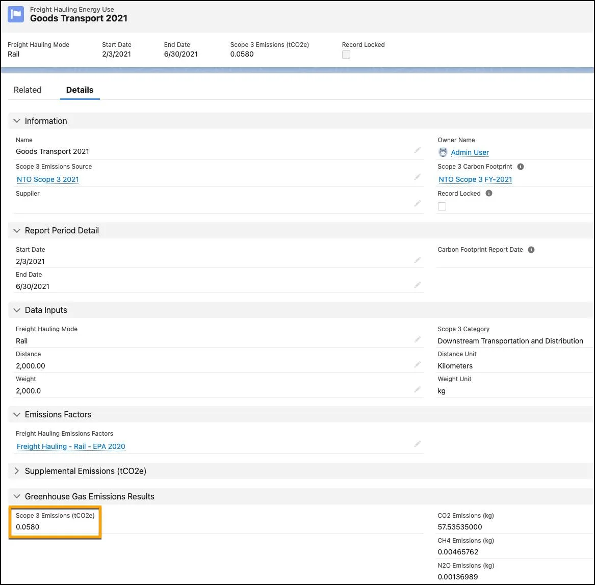 A Freight Hauling Energy Use record showing user-defined data inputs and the autocalculated Scope 3 Emissions value.