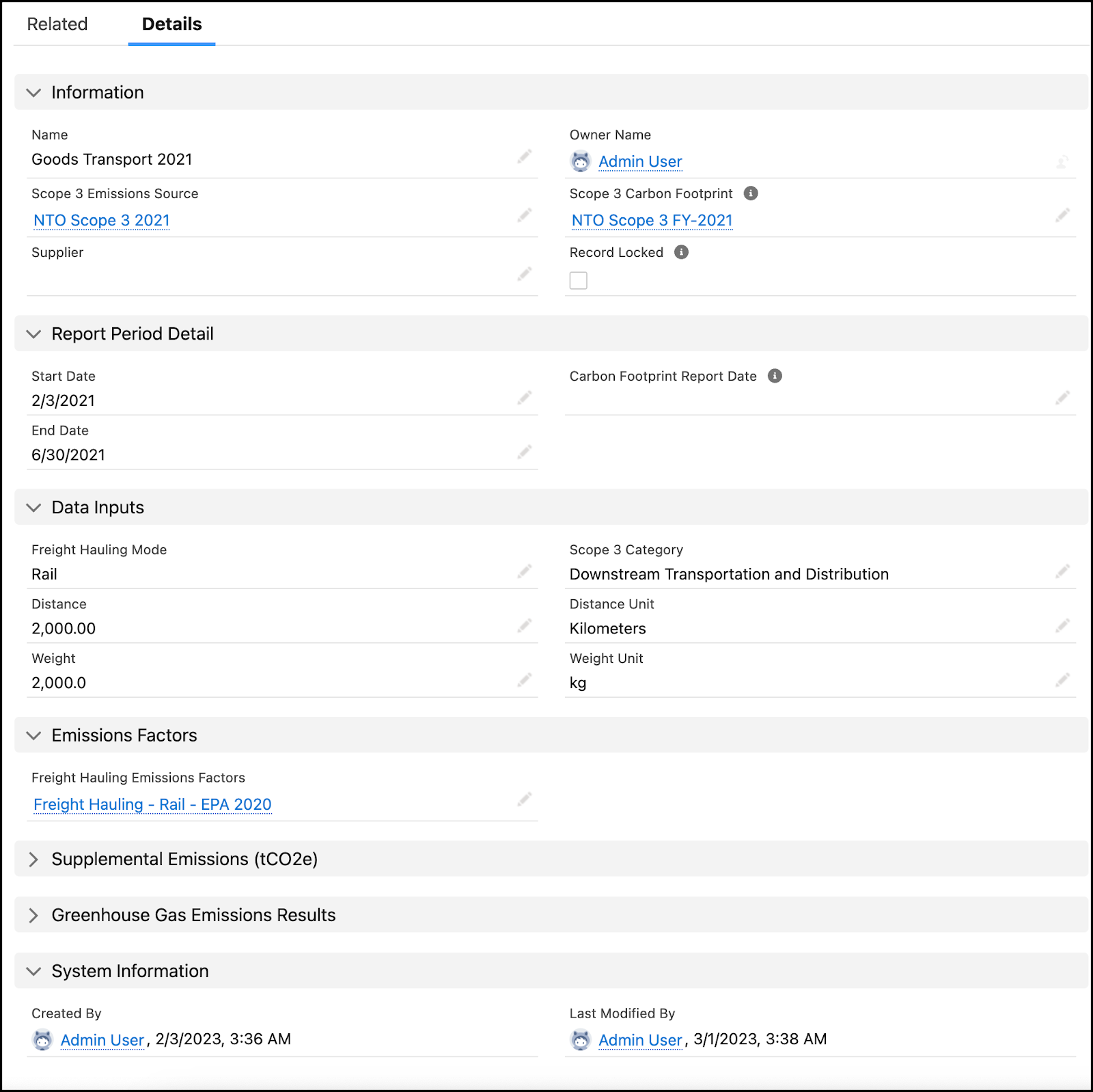 貨物運搬モード、距離、貨物の重量、関連付けられた排出係数が表示されている貨物運搬エネルギー使用量レコード。