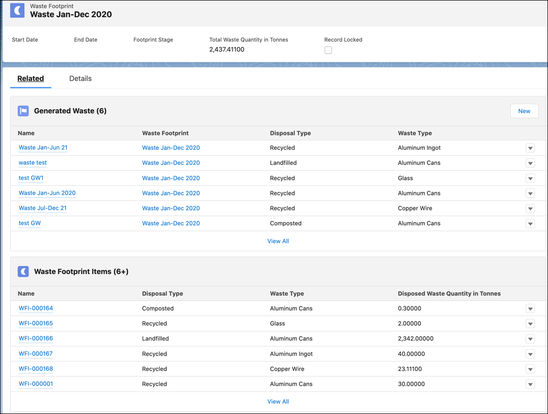 各廃棄物種別と処理種別に 1 つずつの関連付けられた複数の廃棄物フットプリント項目レコードが表示されている廃棄物フットプリントレコード。