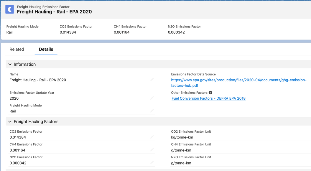 CO₂、CH₄、N₂O の排出係数と、関連付けられたその他の排出係数レコードが表示されている貨物運搬排出係数レコード。