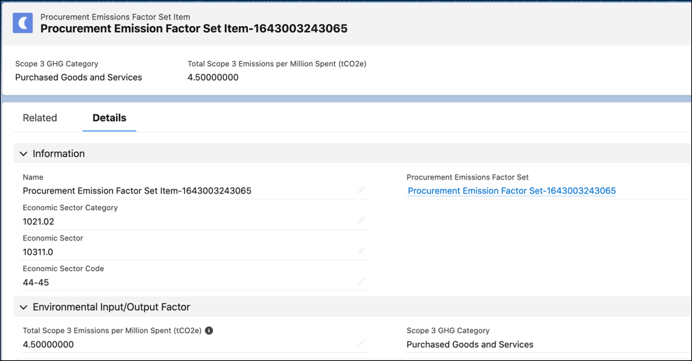 The Details tab of a Procurement Emissions Factor Set Item record.