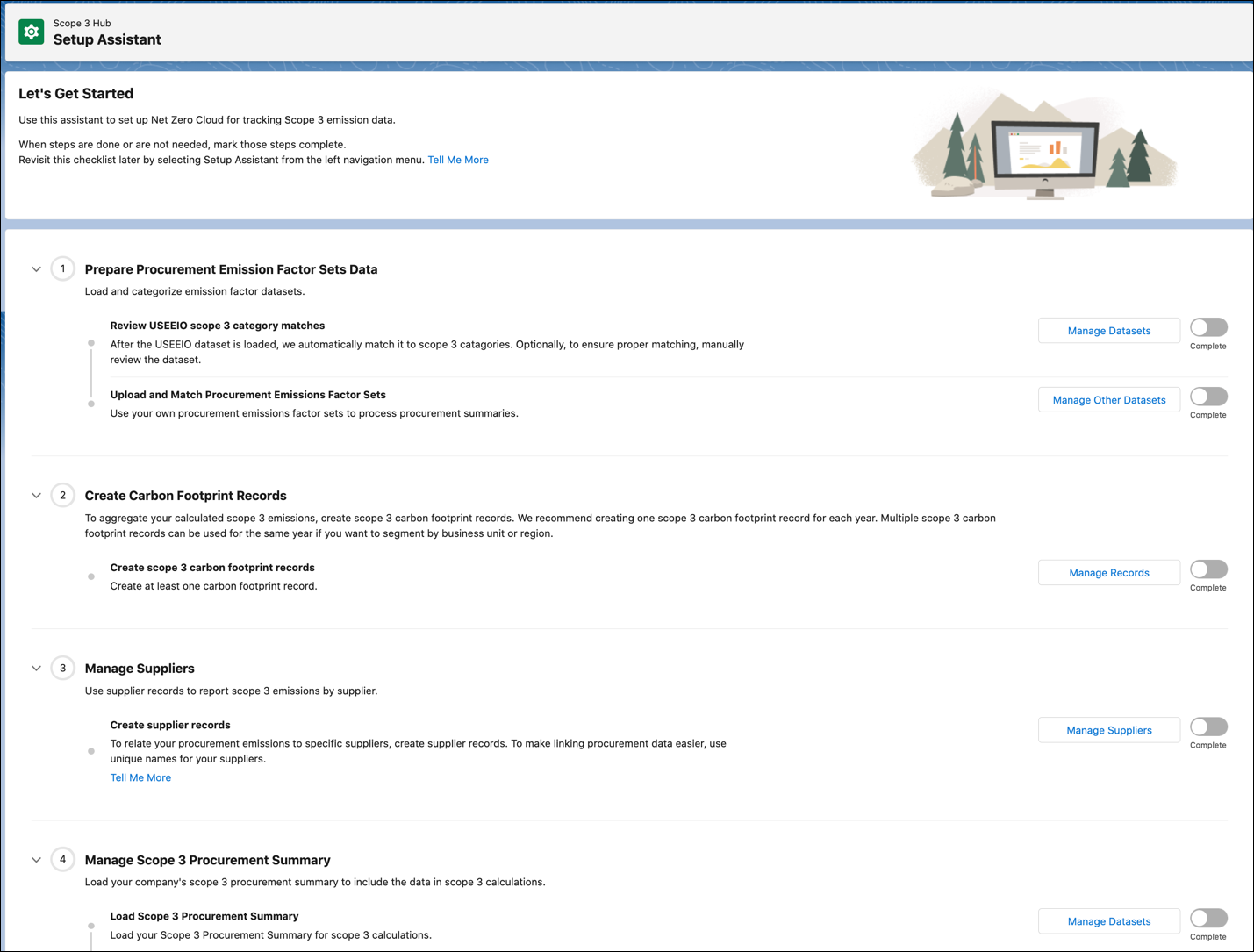 The Scope 3 Hub setup assistant where users can prepare procurement emissions factor sets data, manage suppliers, and manage Scope 3 Procurement summary records.