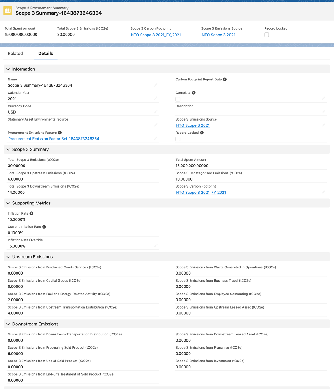 The Details tab of a Scope 3 Procurement Summary record.