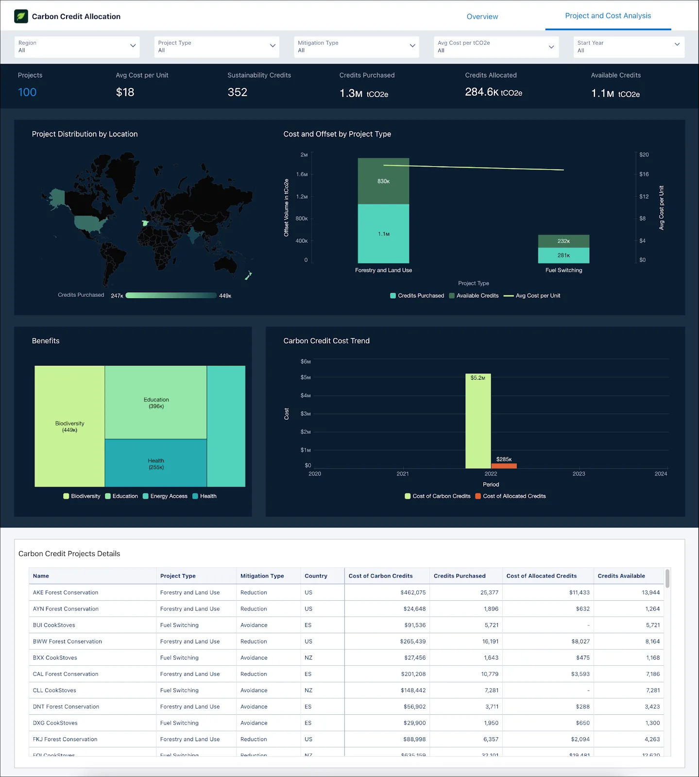 The Project & Cost Analysis tab of the Carbon Credit Allocation Dashboard