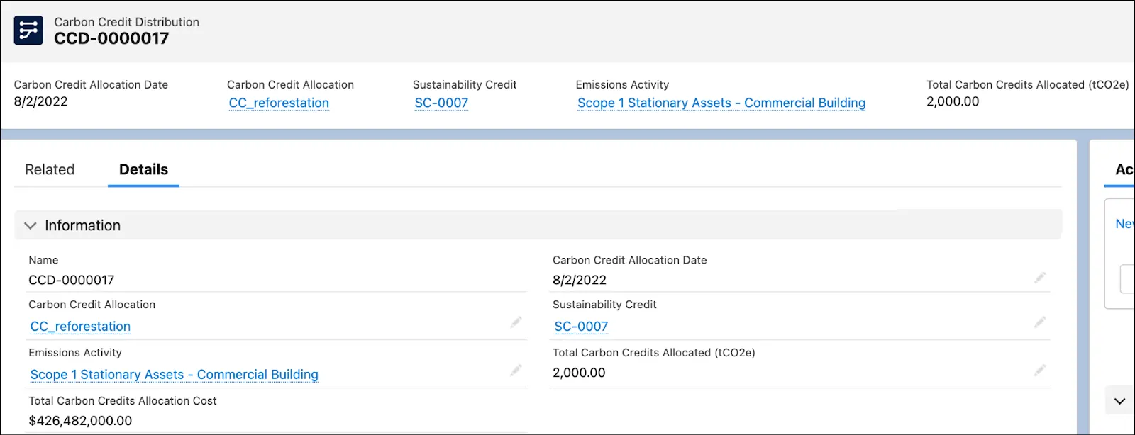 Details tab on a carbon credit distribution record page.