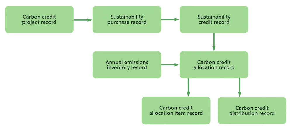 Diagram corresponding to the preceding data flow across records during carbon credit allocation.