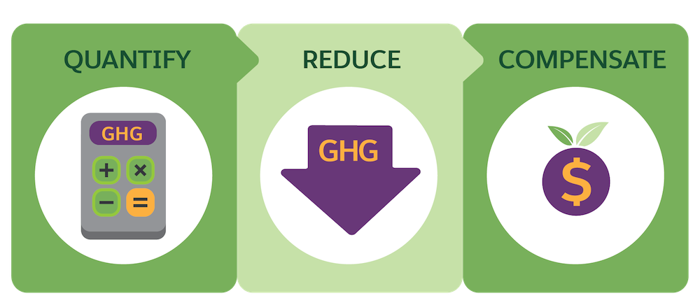 Three steps of a net zero journey are Quantify, Reduce, and Compensate