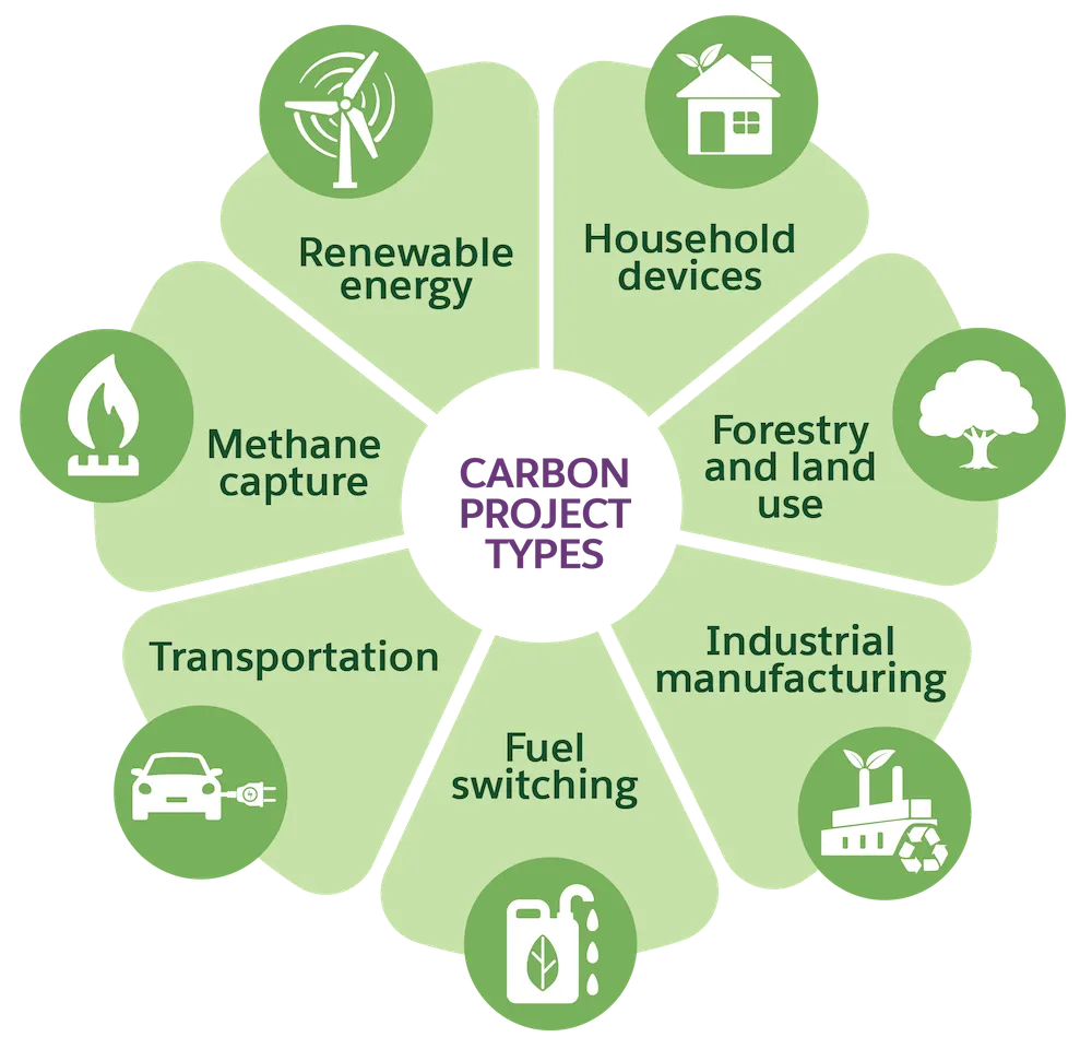 Carbon project types: forestry and land use, fuel switching, household devices, industrial manufacturing, renewable energy, methane capture, and transportation