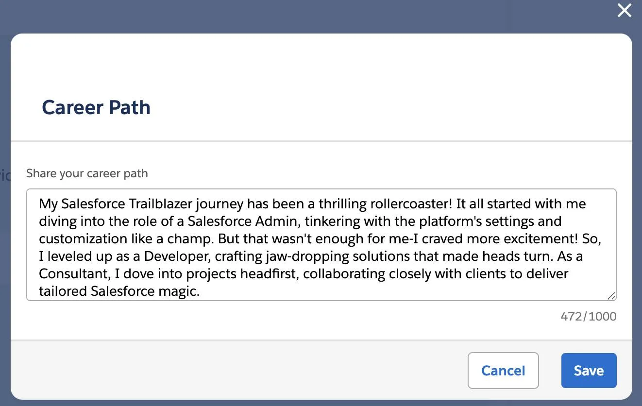 Screenshot of Career Path section filled with an example paragraph.