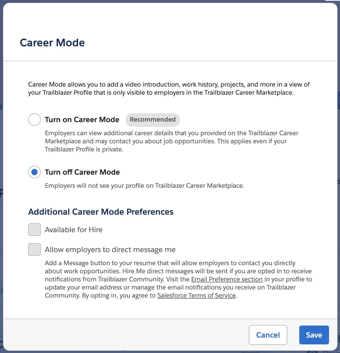 Screenshot of edit view of Career Mode Preferences.