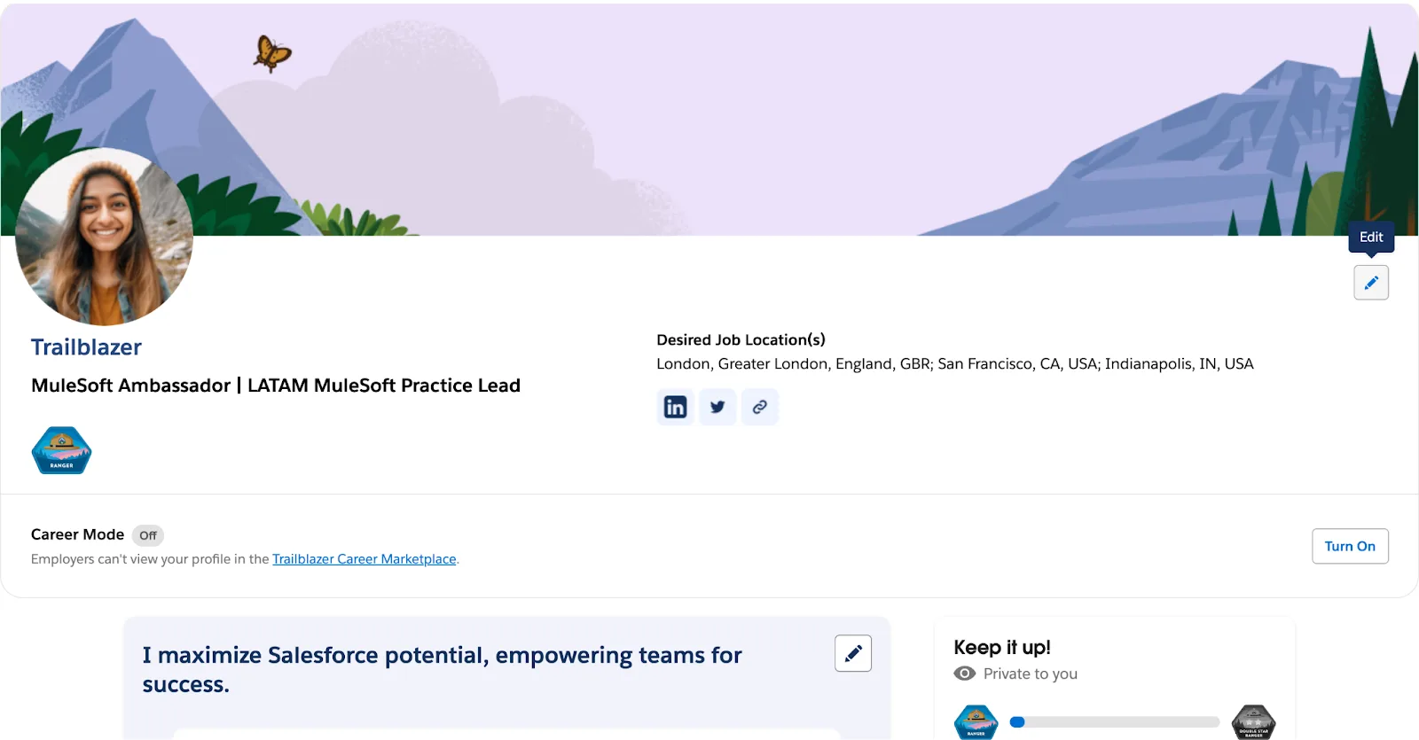 The Header of a Trailblazer profile includes the option to turn Career Mode on or off.