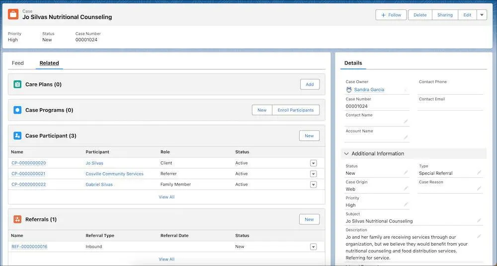 The new case record includes a related list for case participants and referrals.