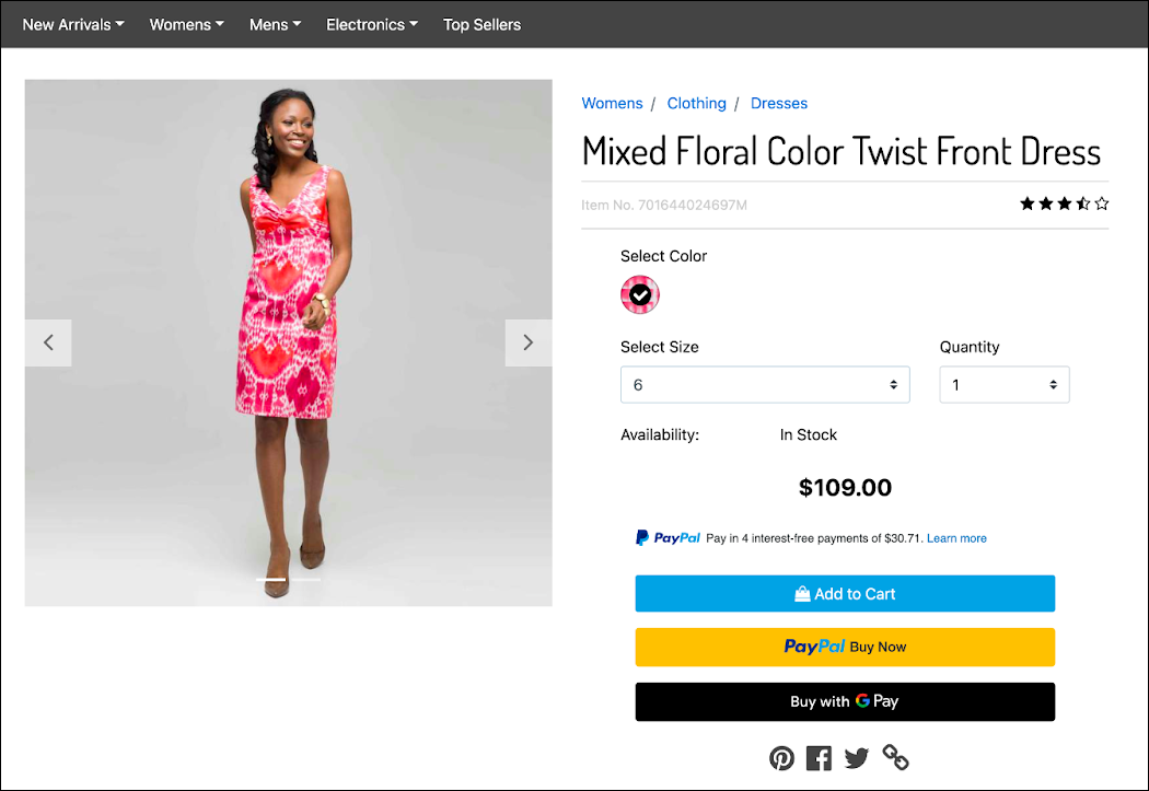 This B2C Commerce storefront lets you add to the cart or select a buy now method.