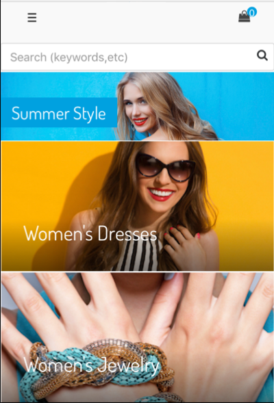 Summer style content slot, showing women's dresses and women's jewelry as clickable categories