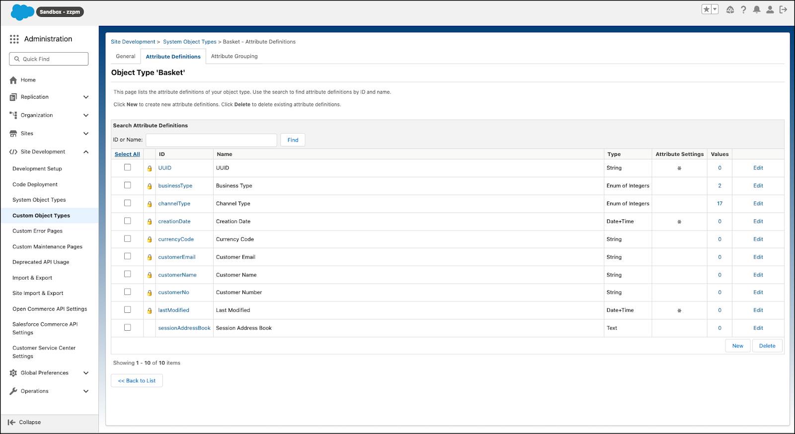 Agentforce Commerce for B2C Business Manager System Object Types Basket object attribute definitions.