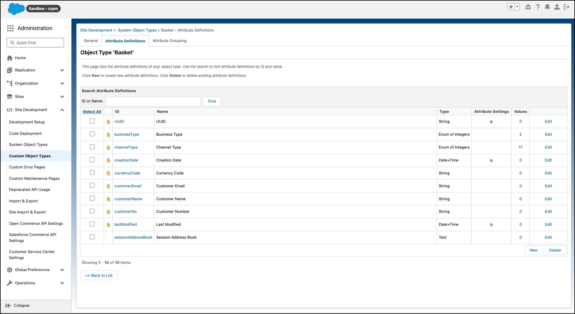Agentforce Commerce for B2C, Business Manager, System Object Types (Tipos de objeto do sistema), definições de atributo do objeto Basket (Cesta).