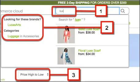 Keyword search field, search suggestions, and sorting search results