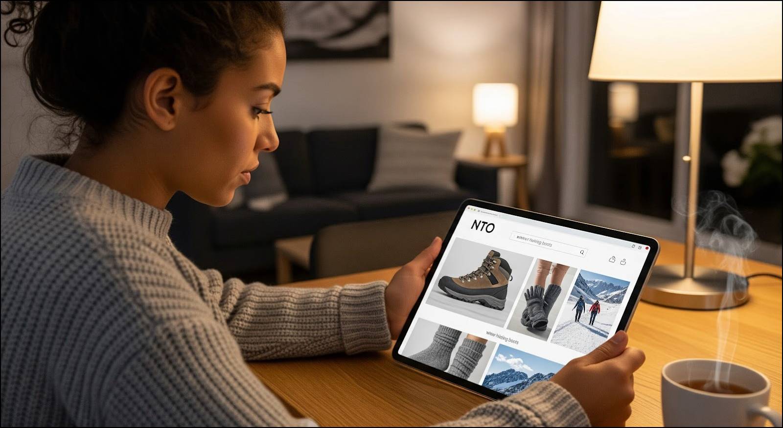 Gabby searching the NTO site for new winter hiking boots.