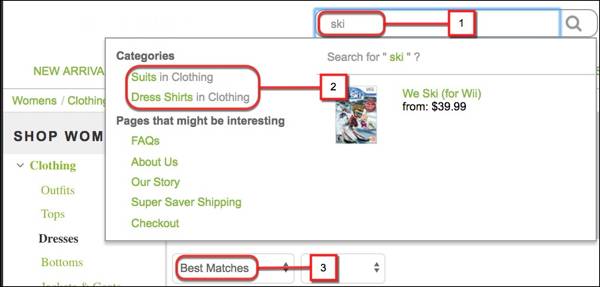 Keyword search field, search suggestion, and sorting search results