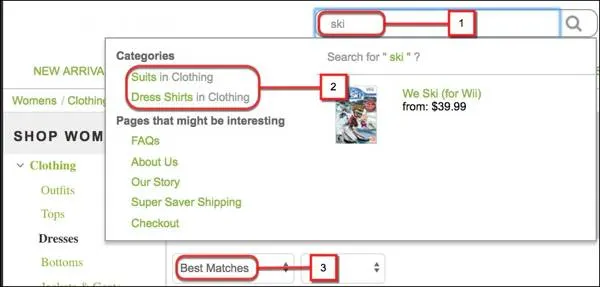 Keyword search field, search suggestion, and sorting search results