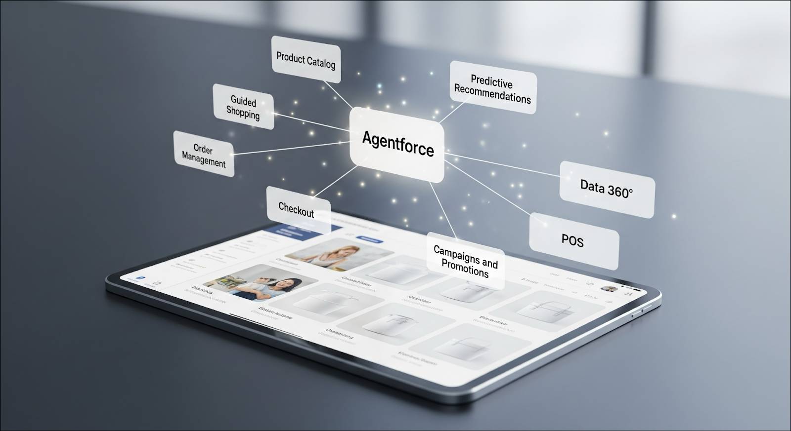 A new storefront design on a tablet; above the tablet are critical elements of a B2C Commerce including: Agentforce at the center and encircled by Guided Shopping, Product Catalog, Einstein Recommendations, Data 360, POS, Campaigns and Promotions, Checkout, and Order Management.