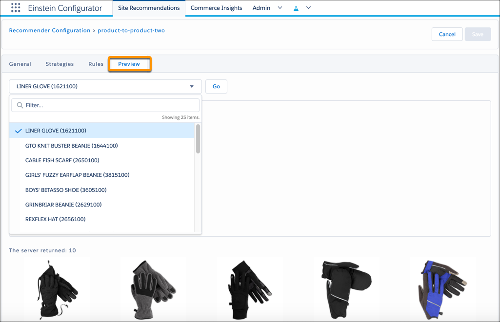 Preview a recommender showing gloves in Configurator.