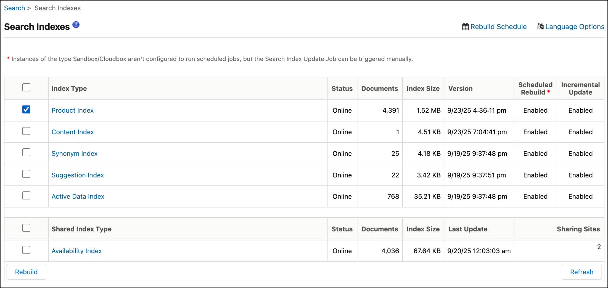 Business Manager | Rebuild Search Index page.
