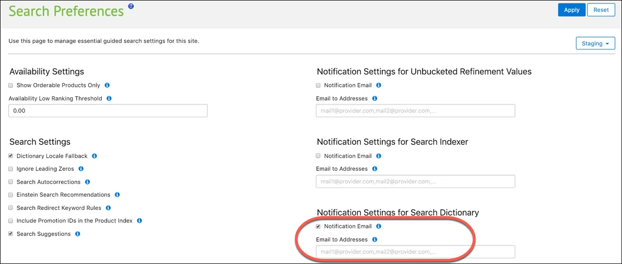 Business Manager Search Preferences - Notification Settings for Search Dictionary