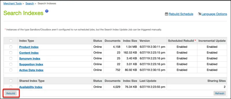 Business Manager - Rebuild Search Index page