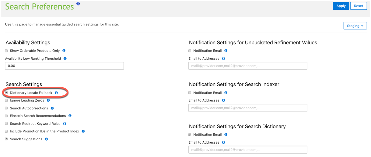 Business Manager Search Preferences - Dictionary Locale Fallback