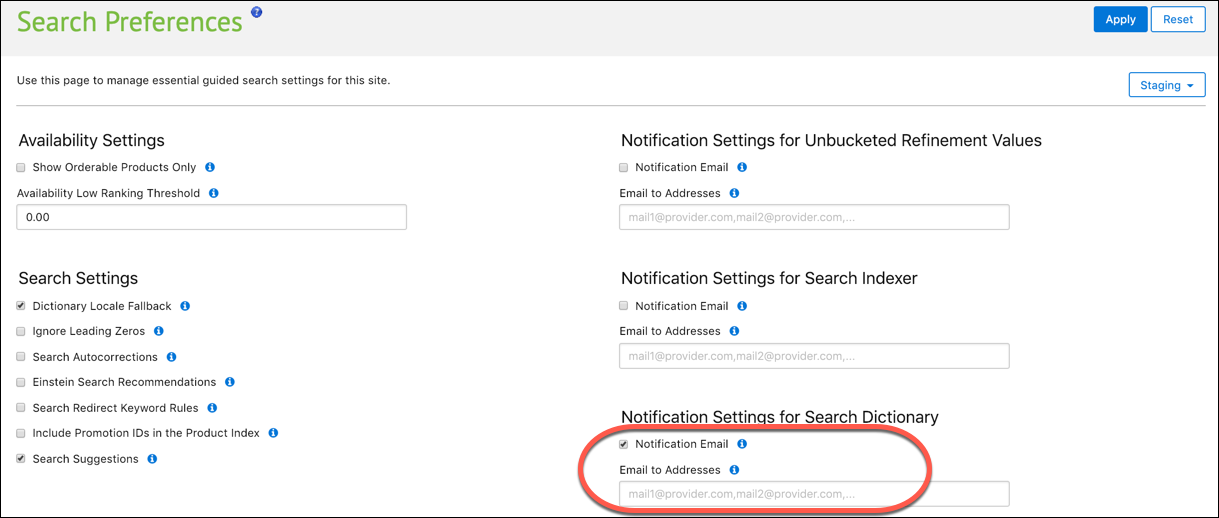 Business Manager Search Preferences - Notification Settings for Search Dictionary