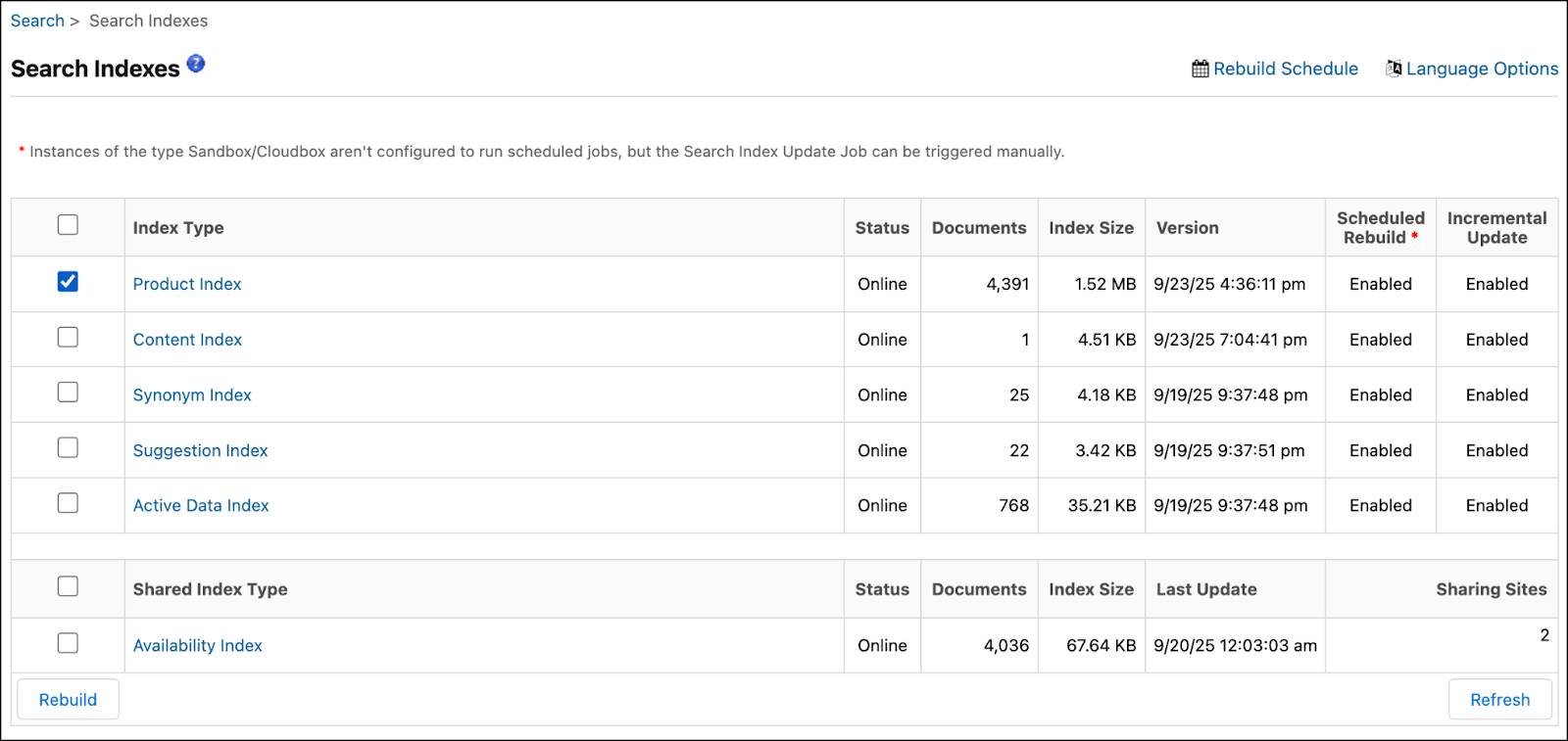 Business Manager - [Rebuild Search Index (検索インデックスの再作成)] ページ
