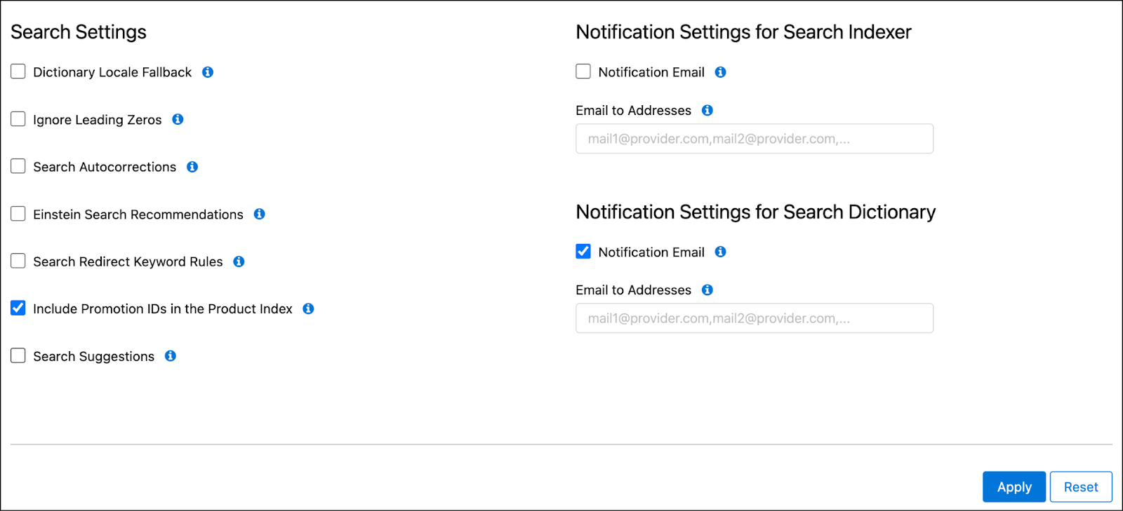 Preferências de pesquisa do Business Manager – Configurações de notificação para dicionário de pesquisa