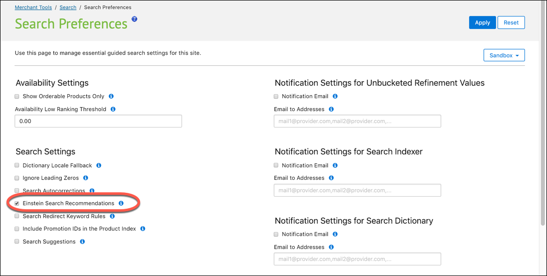 Business Manager - Search Preferences page with Einstein Search Recommendations selected