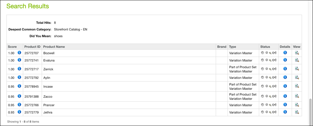 Business Manager - search query testing     results product list