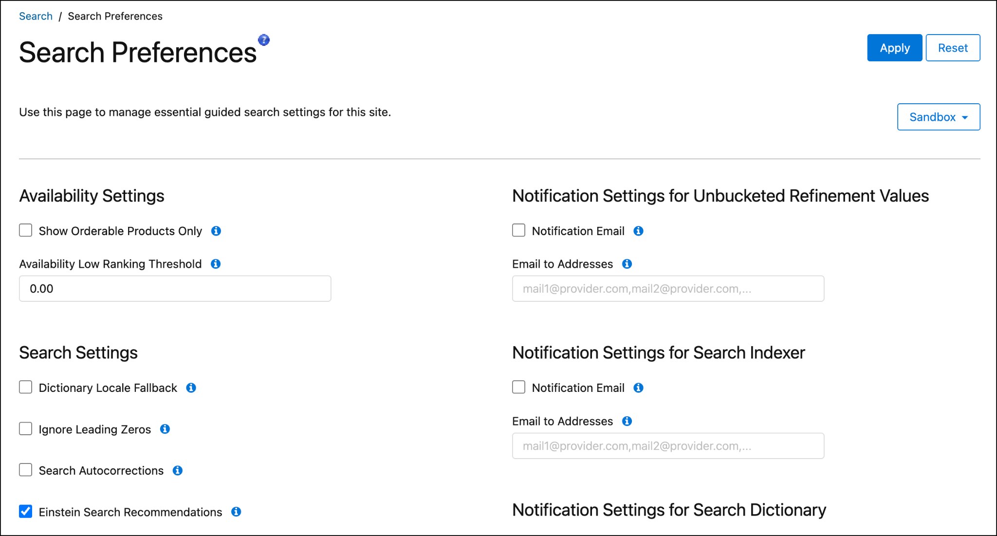 Business Manager | Search Preferences page with Einstein Search Recommendations selected.
