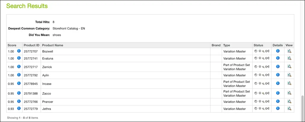 Business Manager - search query testing results product list