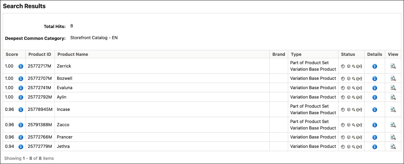 Business Manager - prueba de consultas de búsqueda, lista de resultado de productos