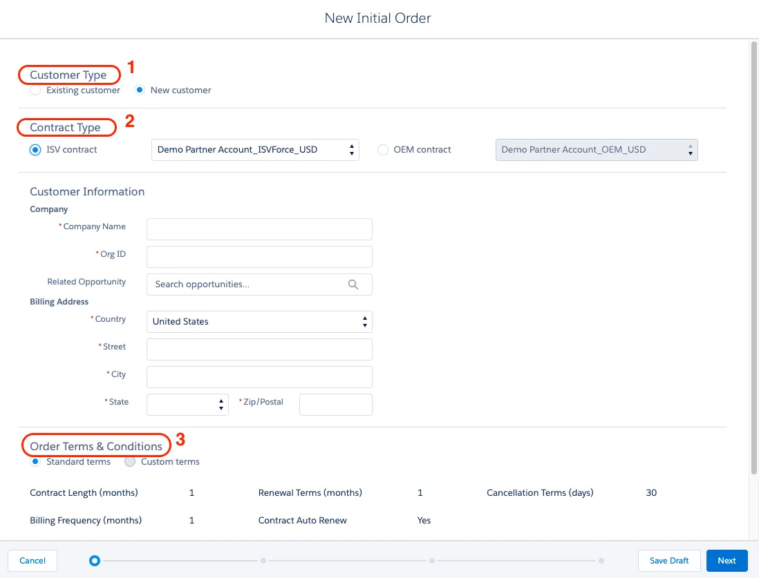 [New Initial Order (新規初期注文)] フォームのページ 1。[Customer Type (お客様種別)]、[Contract Type (契約種別)]、[Order Terms & Conditions (注文契約条件)] にコールアウトが付いています。