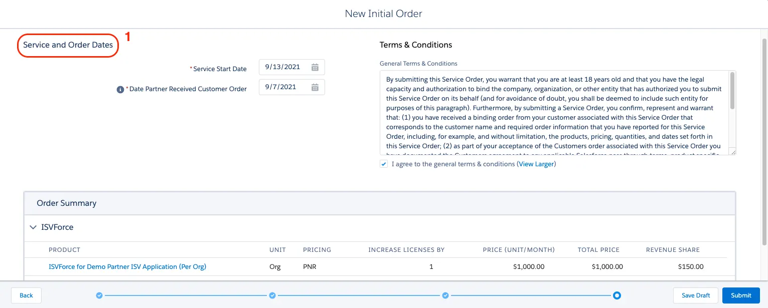 [New Initial Order (新規初期注文)] フォームのページ 4。[Service and Order Dates (サービスおよび注文日付)] にコールアウトが付いています。