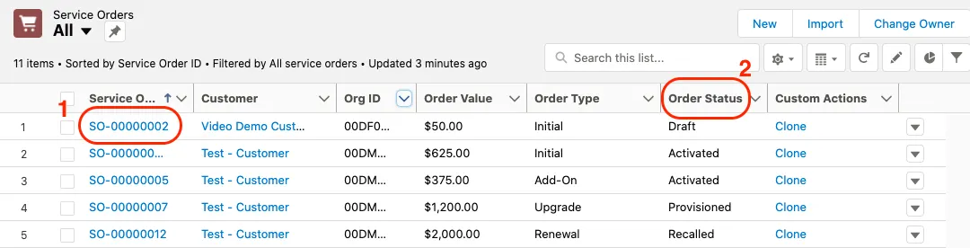 Service Orders page shows a list of service orders, with callouts for Service Order ID and Order Status.