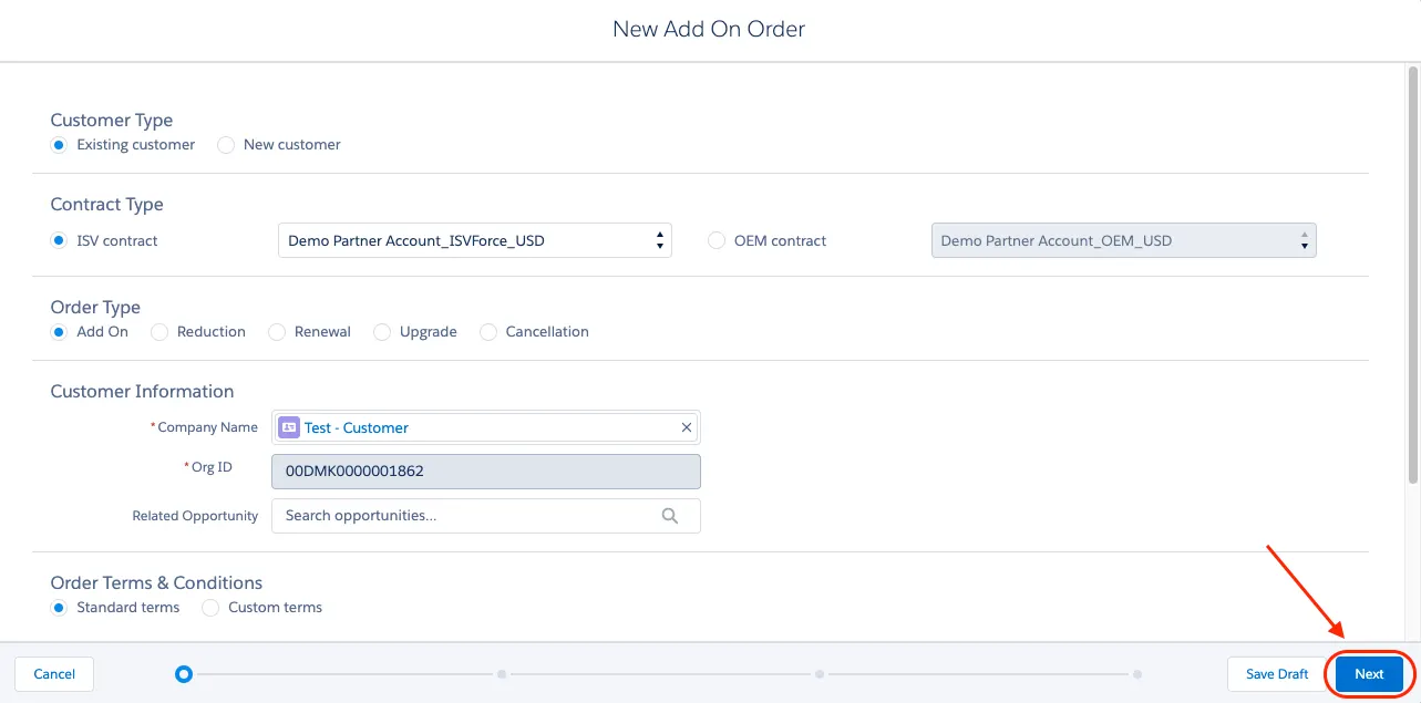 First page of the COA order entry form highlighting the Next button