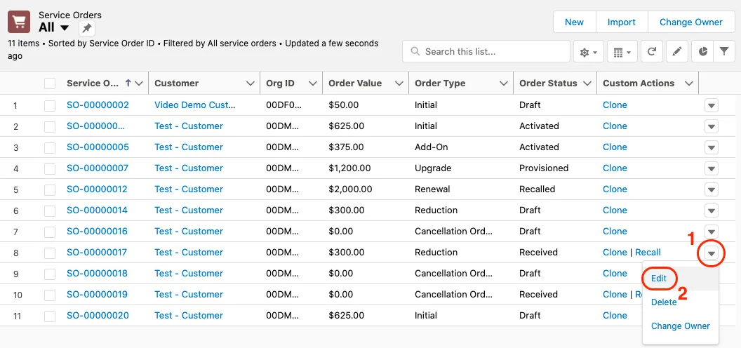 Service Orders list custom action dropdown menu with callouts for the dropdown menu arrow icon and the Edit field on that menu