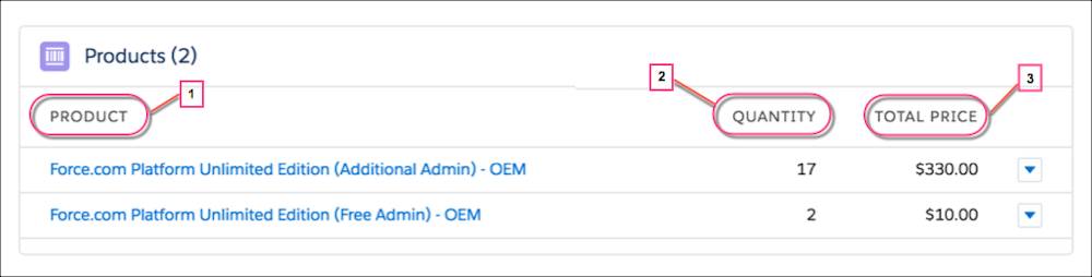 [Product (製品)]、[Quantity (数量)]、[Total Price (合計価格)] にコールアウトがついたお客様詳細ページの [Products (製品)] セクション
