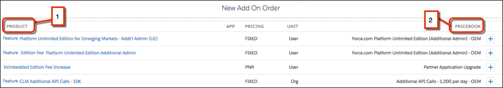 [Product (製品)] と [Pricebook (価格表)] が強調表示されている [New Add On-Order (新規アドオン注文)] 画面