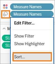 [Marks (マーク)] カードで [Measure Names (メジャーネーム)] の [Size (サイズ)] が選択され、[Sort (並べ替え)] オプションが強調されている。