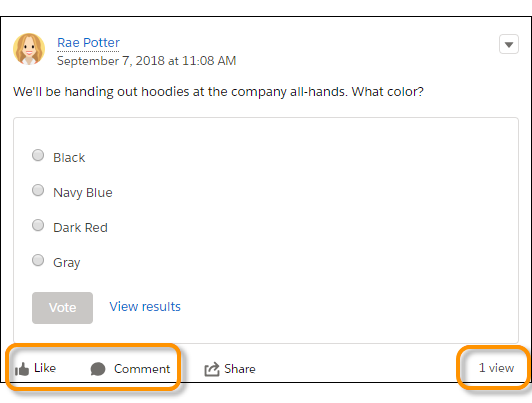 Like, comment, and view actions on a post