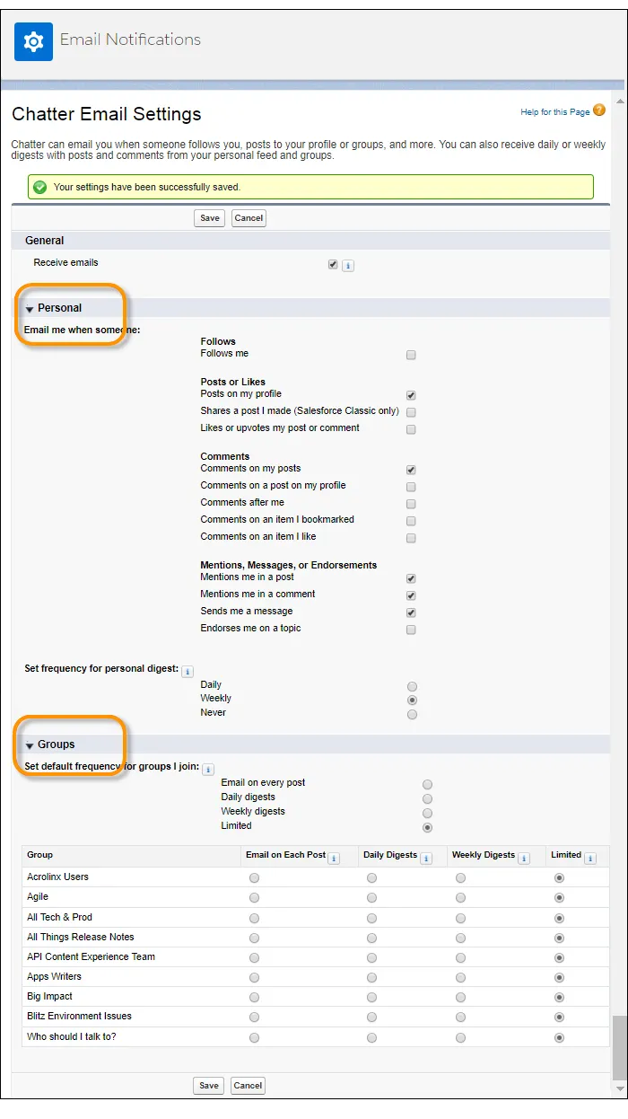 Chatter email notification settings