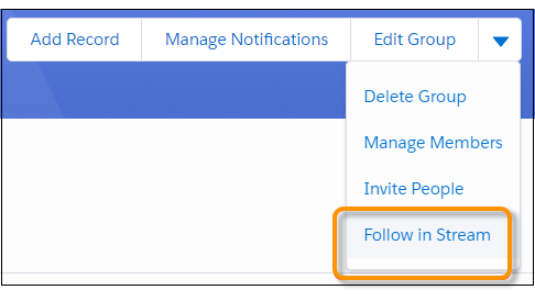 Opción Follow (Seguir) en la acción Stream (Transmisión) de un grupo