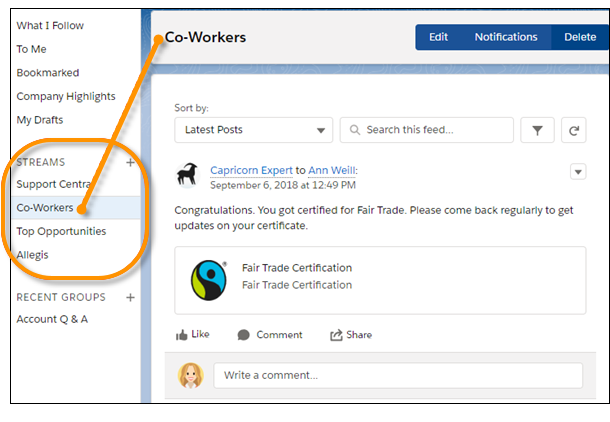 Transmisiones en la página de inicio de Chatter